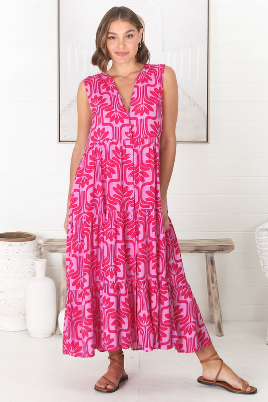 Fifi Midi Dress - Mandarin Collar Sleeveless Button Down Dress in Luvira Print Pink