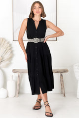 Fifi Linen Midi Dress - Mandarin Collar Sleeveless Button Down Dress in Black