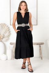 Fifi Linen Midi Dress - Mandarin Collar Sleeveless Button Down Dress in Black