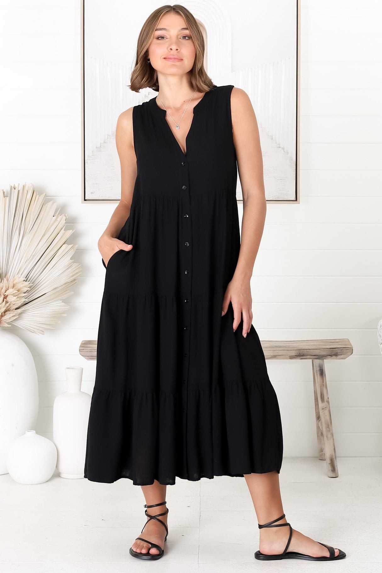 Fifi Linen Midi Dress - Mandarin Collar Sleeveless Button Down Dress in Black