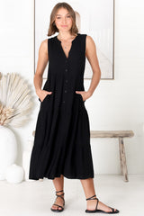 Fifi Linen Midi Dress - Mandarin Collar Sleeveless Button Down Dress in Black