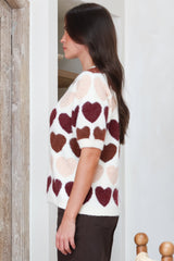 Filippa Knit Top - Crew Neck Short Sleeve Woven Heart Print Knit in Wine