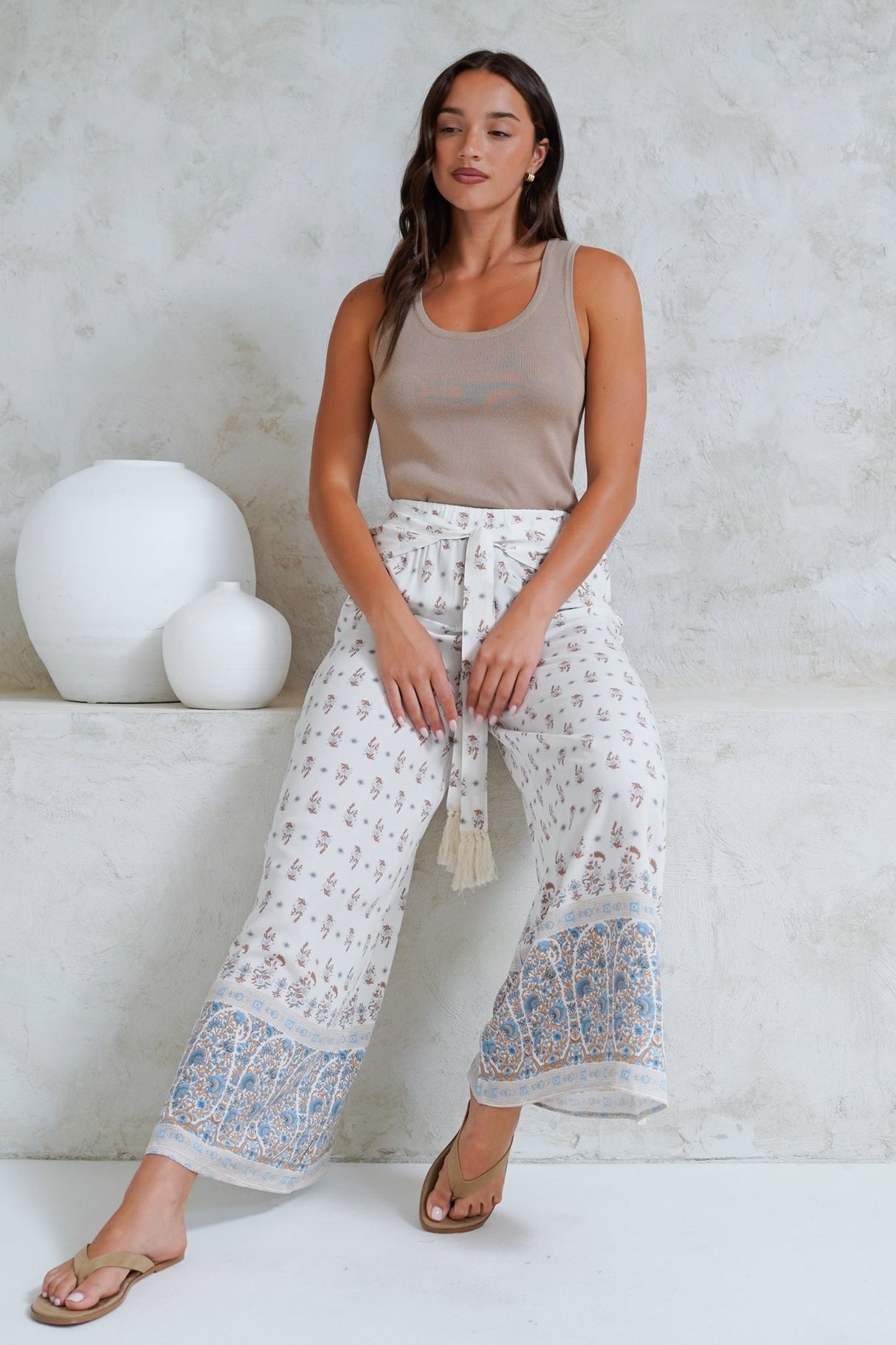 Finlee Pants - Attached Wrap Belt with Tassels Wide Leg Pants in Larina Print