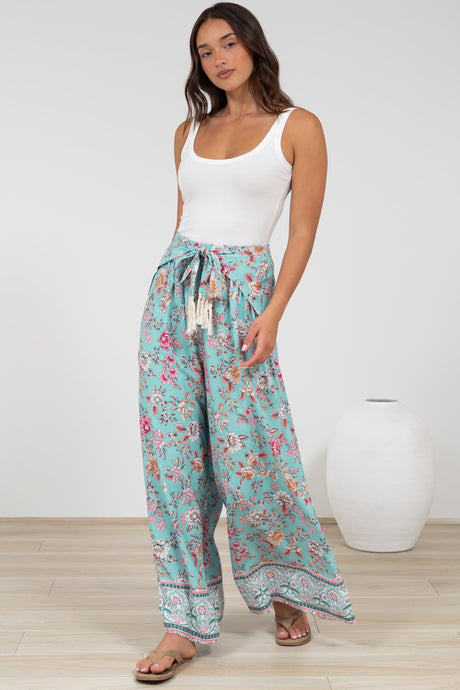 Finlee Pants - Attached Wrap Belt with Tassels Wide Leg Pants in Shirley Print