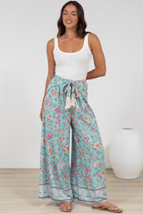 Finlee Pants - Attached Wrap Belt with Tassels Wide Leg Pants in Shirley Print