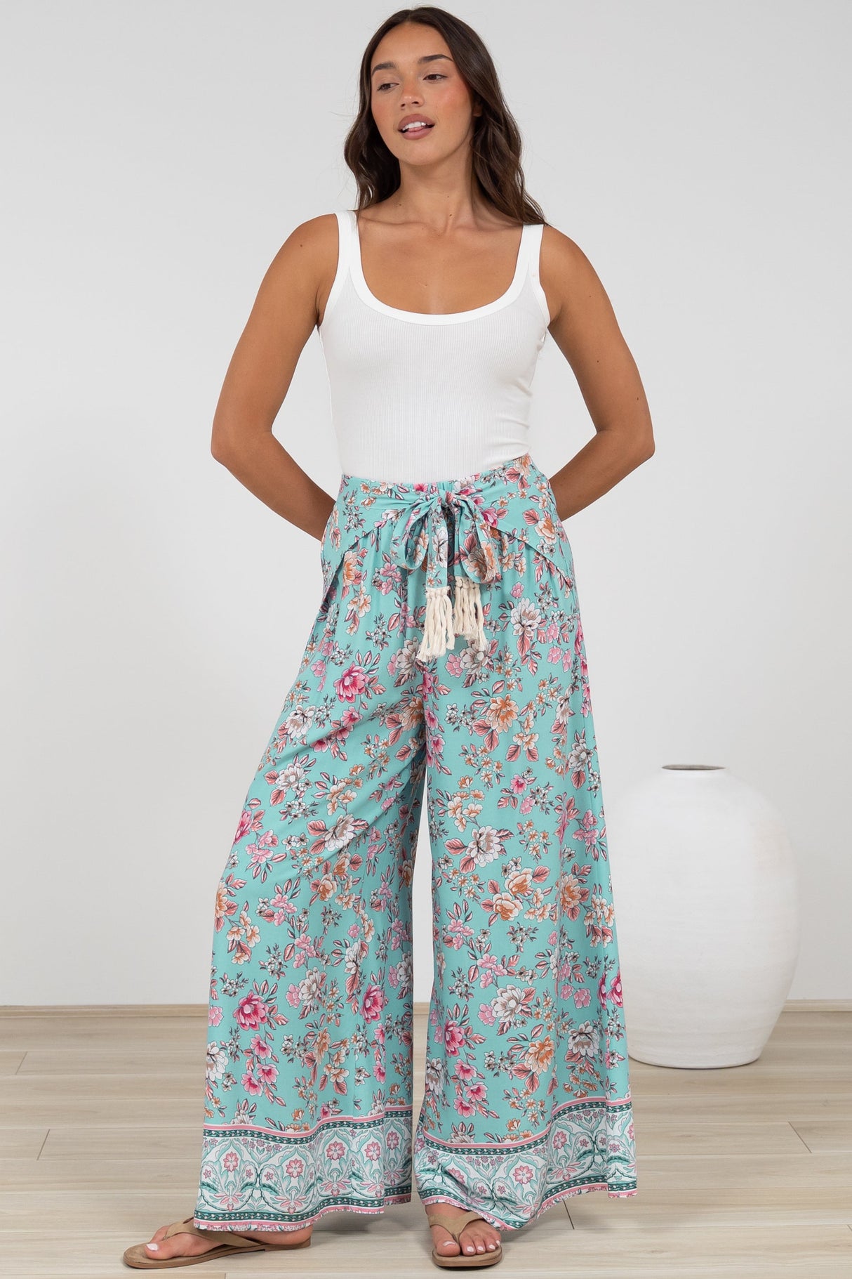 Finlee Pants - Attached Wrap Belt with Tassels Wide Leg Pants in Shirley Print