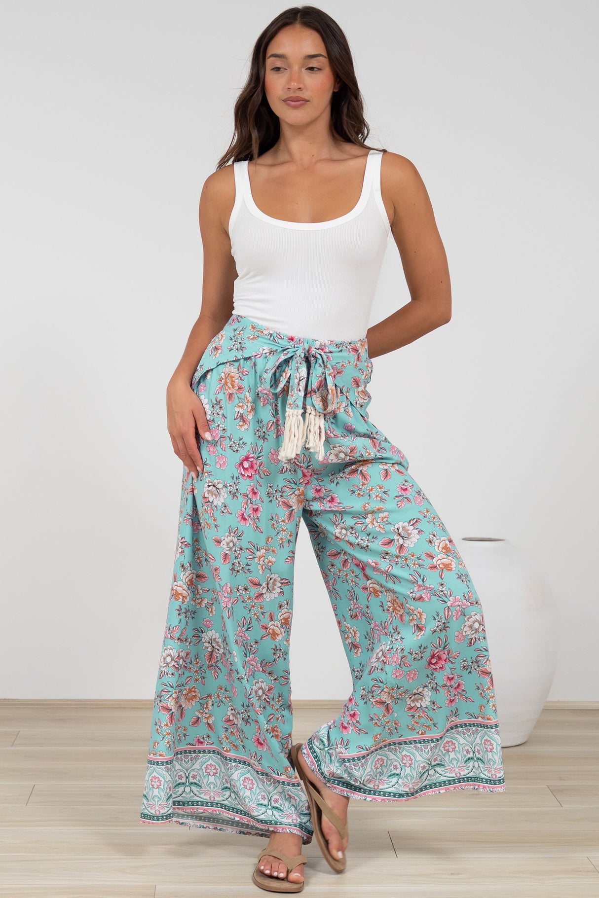 Finlee Pants - Attached Wrap Belt with Tassels Wide Leg Pants in Shirley Print