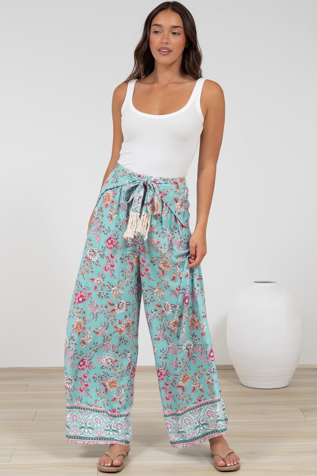 Finlee Pants - Attached Wrap Belt with Tassels Wide Leg Pants in Shirley Print