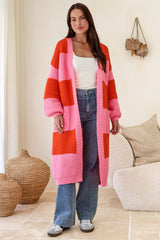Finneas Cardigan - Longline Open Front Knit with Balloon Sleeves and Pockets in Pink
