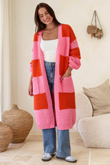Finneas Cardigan - Longline Open Front Knit with Balloon Sleeves and Pockets in Pink