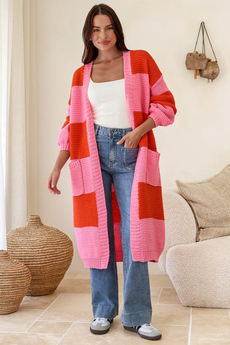 Finneas Cardigan - Longline Open Front Knit with Balloon Sleeves and Pockets in Pink