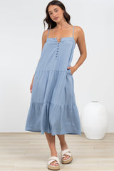 Fintan Midi Dress - Sqaure Neckline Tiered Sun Dress in Blue