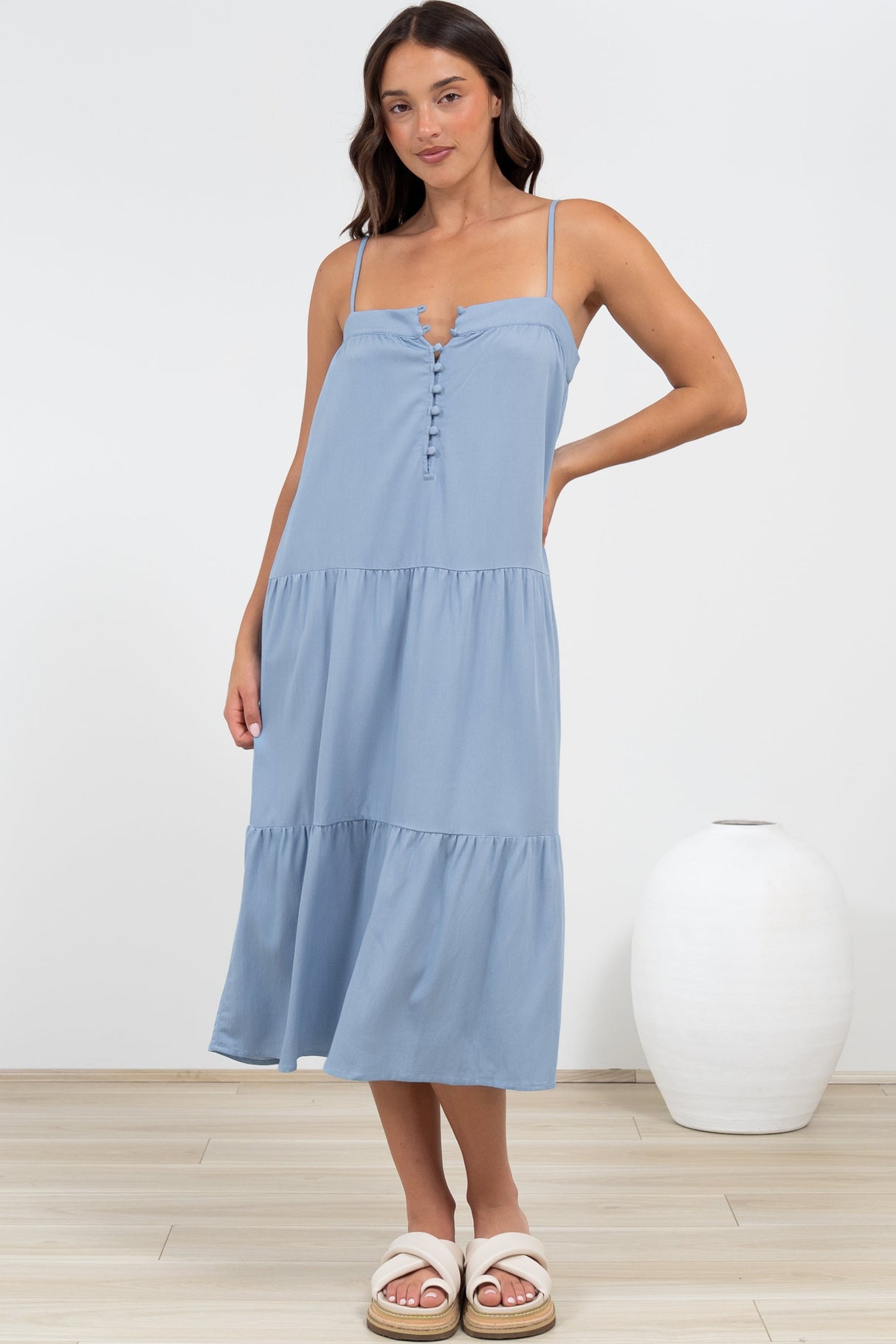 Fintan Midi Dress - Sqaure Neckline Tiered Sun Dress in Blue