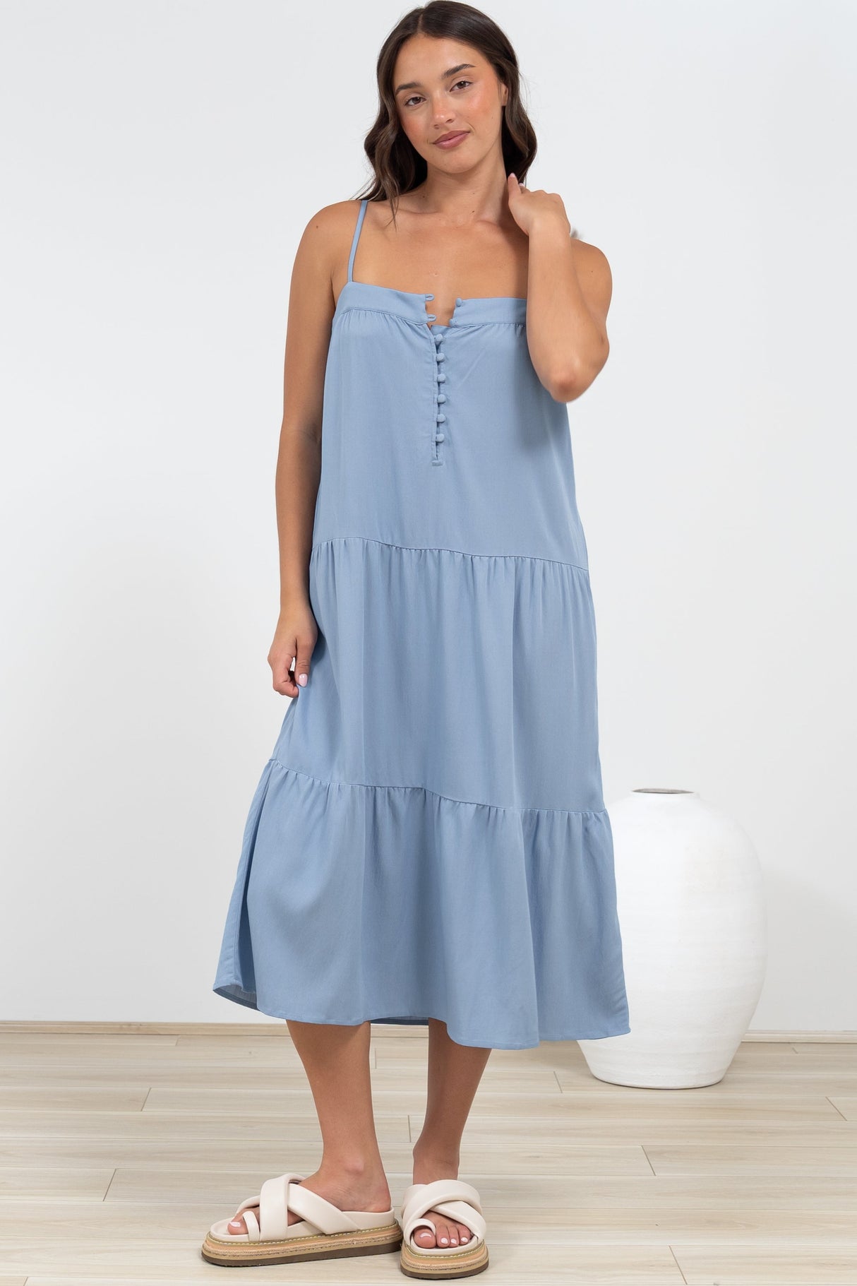 Fintan Midi Dress - Sqaure Neckline Tiered Sun Dress in Blue