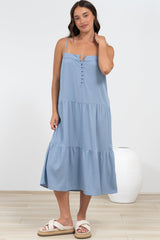 Fintan Midi Dress - Sqaure Neckline Tiered Sun Dress in Blue