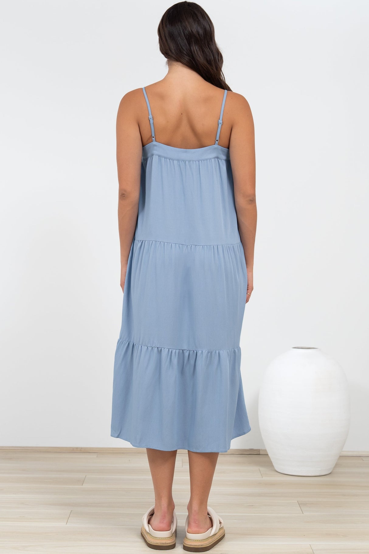 Fintan Midi Dress - Sqaure Neckline Tiered Sun Dress in Blue