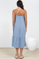Fintan Midi Dress - Sqaure Neckline Tiered Sun Dress in Blue