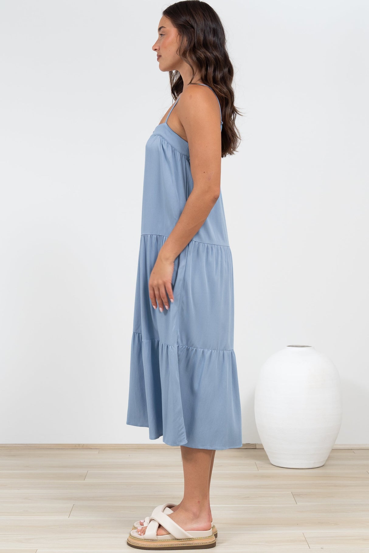 Fintan Midi Dress - Sqaure Neckline Tiered Sun Dress in Blue
