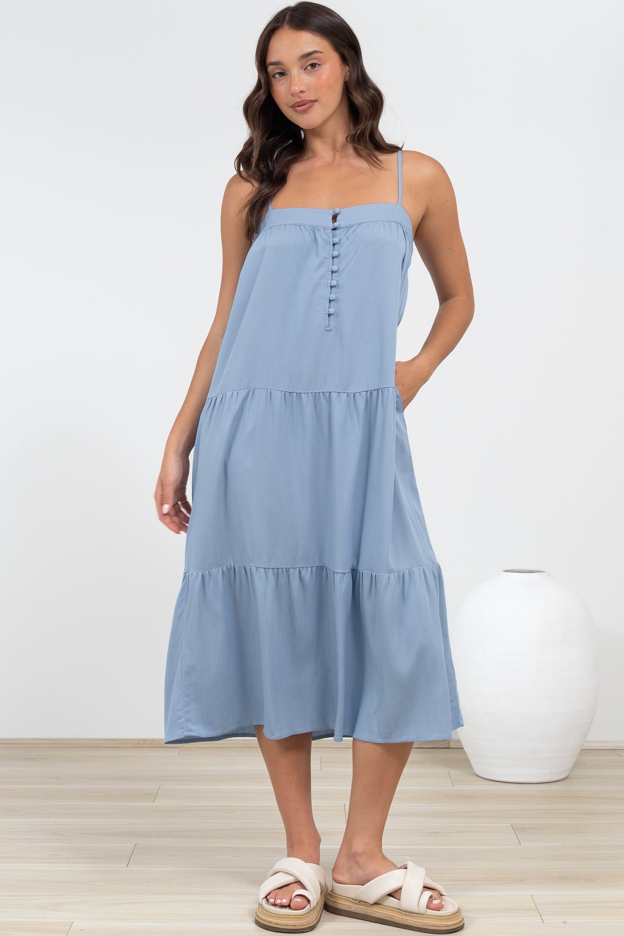 Fintan Midi Dress - Sqaure Neckline Tiered Sun Dress in Blue