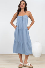 Fintan Midi Dress - Sqaure Neckline Tiered Sun Dress in Blue