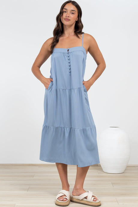 Fintan Midi Dress - Sqaure Neckline Tiered Sun Dress in Blue