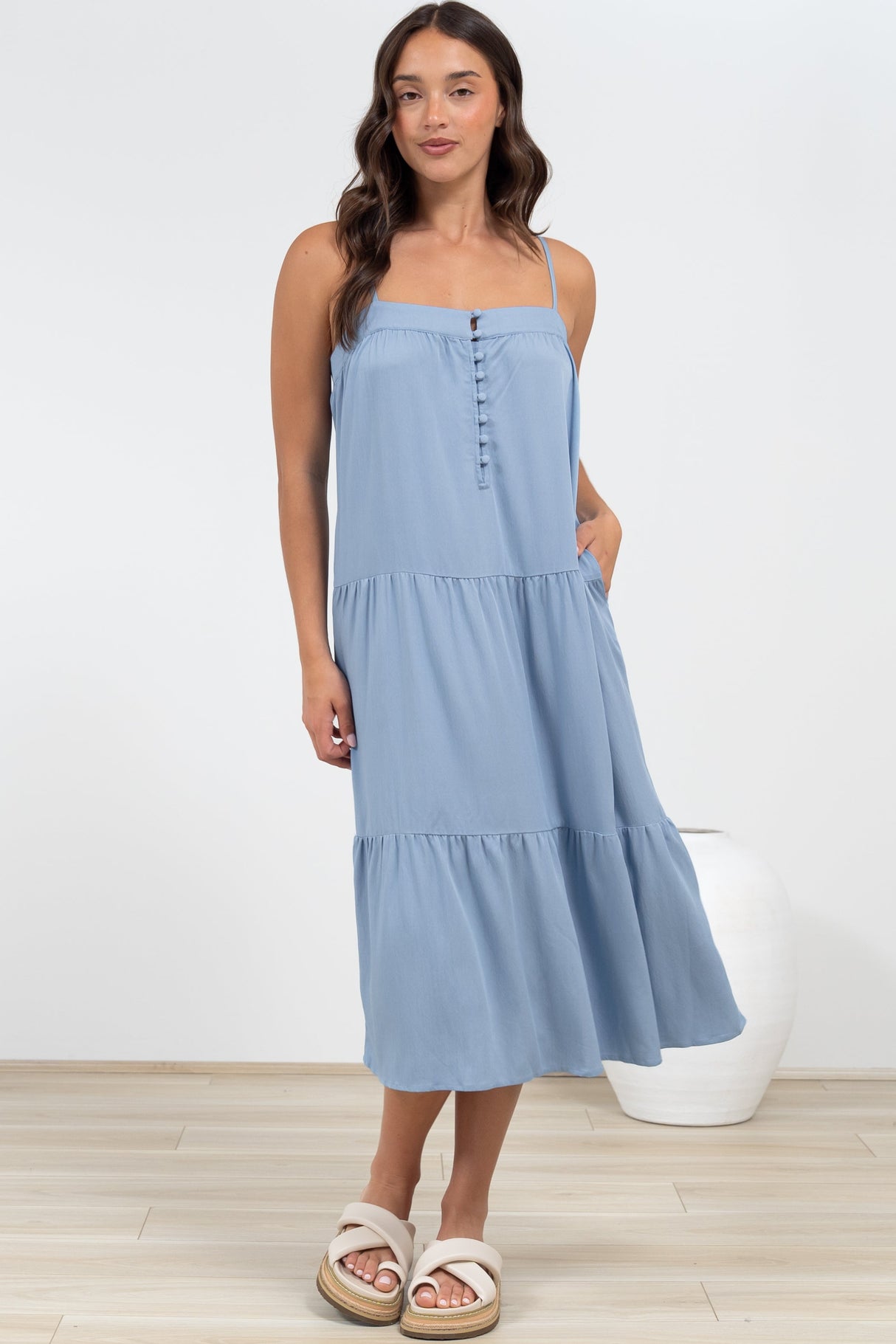Fintan Midi Dress - Sqaure Neckline Tiered Sun Dress in Blue