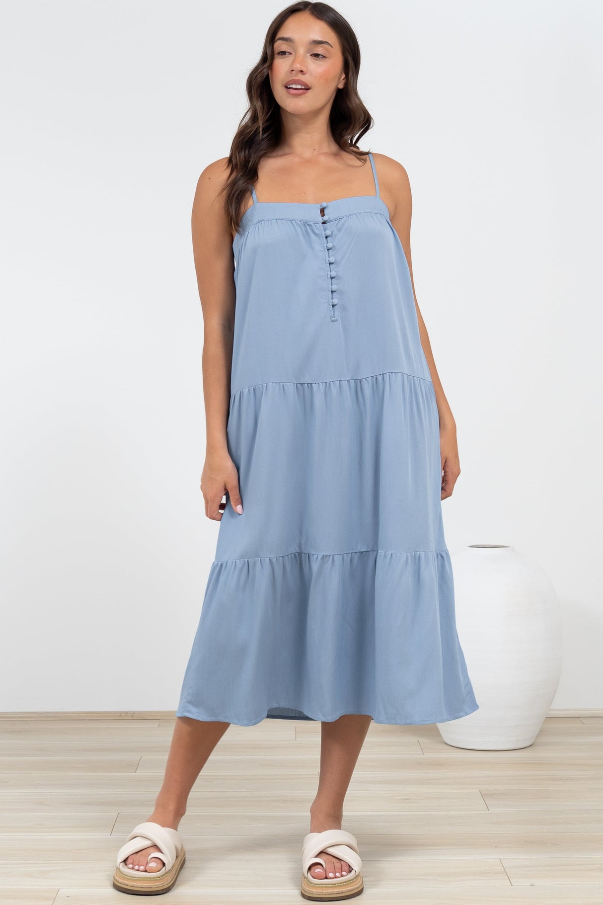 Fintan Midi Dress - Sqaure Neckline Tiered Sun Dress in Blue
