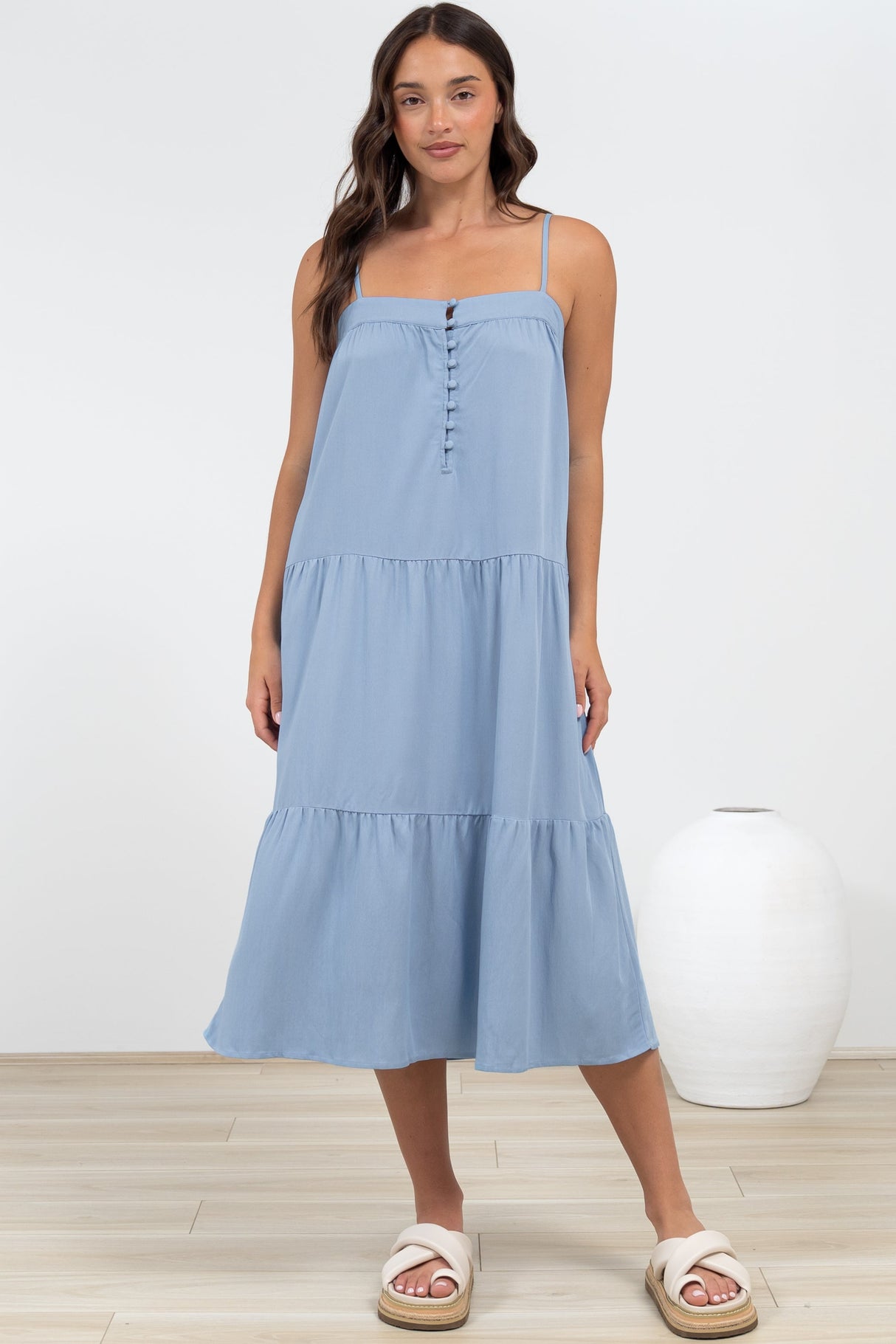 Fintan Midi Dress - Sqaure Neckline Tiered Sun Dress in Blue