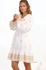 Fiona Mini Dress - V-Neck Lace Detailed Embroidered A-line Dress in Selena Print White