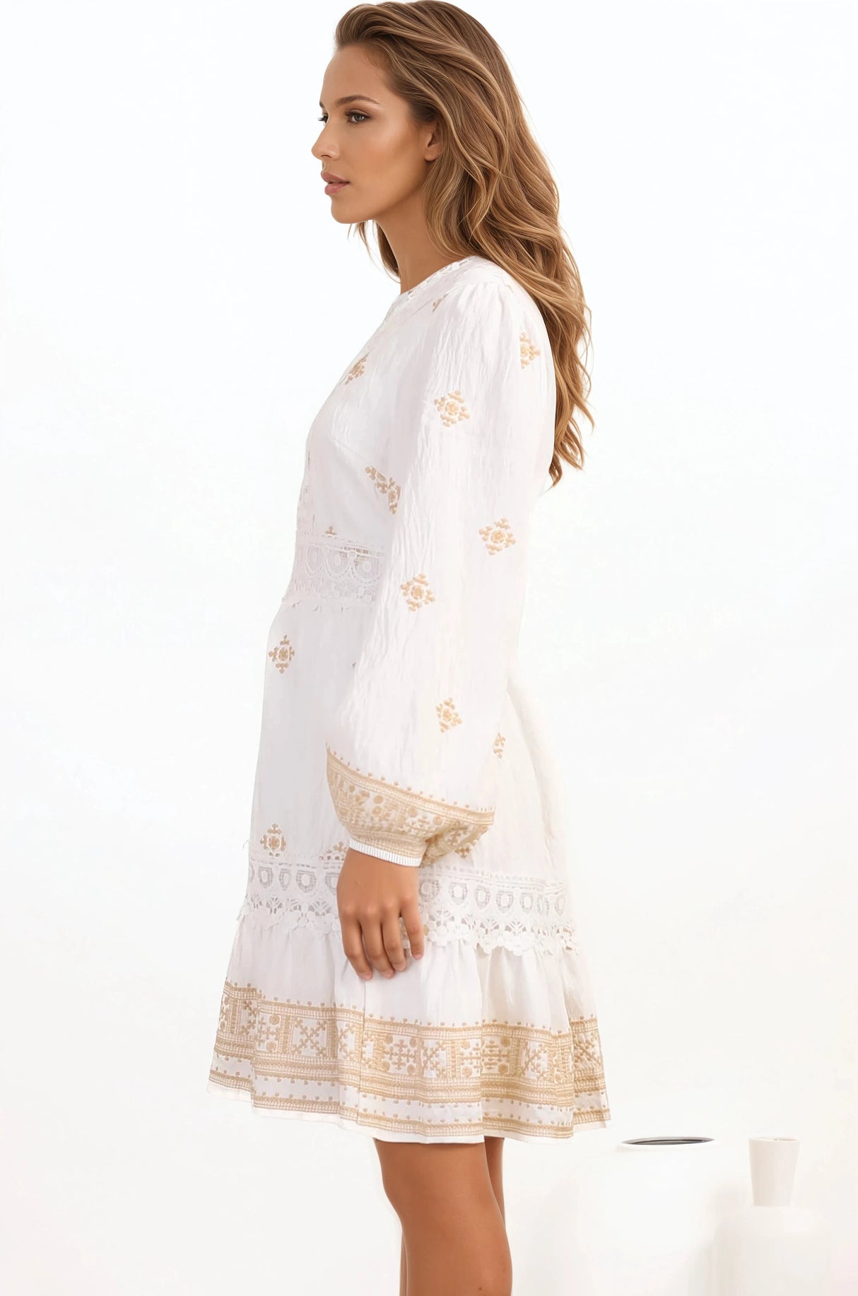 Fiona Mini Dress - V-Neck Lace Detailed Embroidered A-line Dress in Selena Print White
