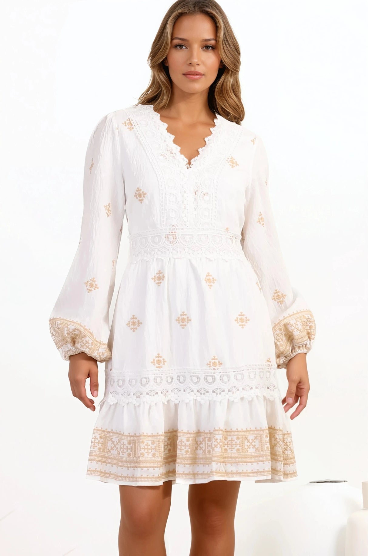 Fiona Mini Dress - V-Neck Lace Detailed Embroidered A-line Dress in Selena Print White