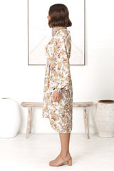 Fione Midi Dress - Mandarin Collar Pull Over Dress with Waist Tie in Jelena Print