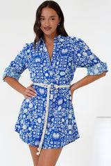Fionna Mini Dress - Rolled Sleeve Button Down with Rope Belt in Ember Print