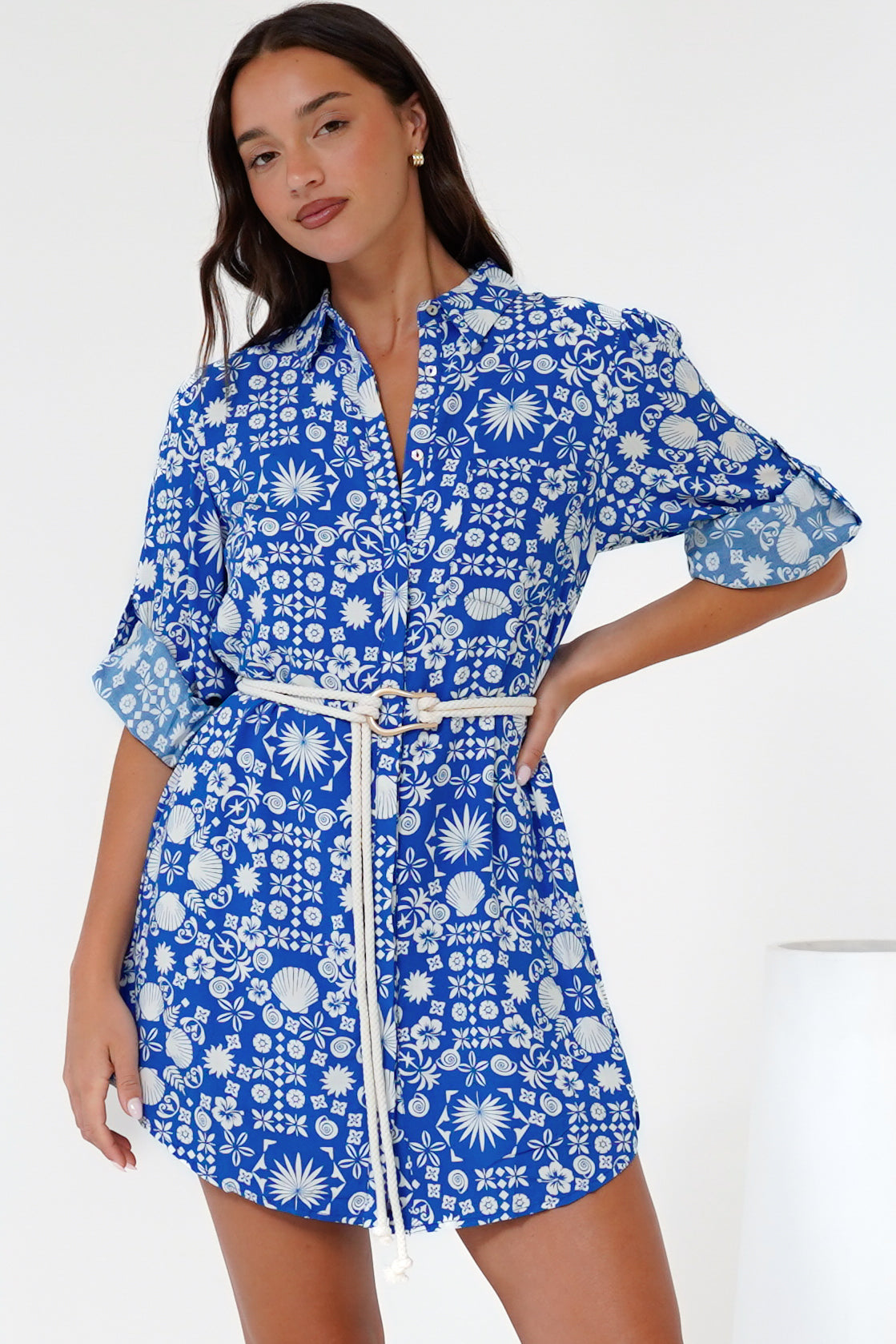 Fionna Mini Dress - Rolled Sleeve Button Down with Rope Belt in Ember Print