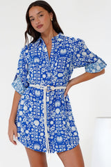 Fionna Mini Dress - Rolled Sleeve Button Down with Rope Belt in Ember Print