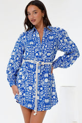 Fionna Mini Dress - Rolled Sleeve Button Down with Rope Belt in Ember Print