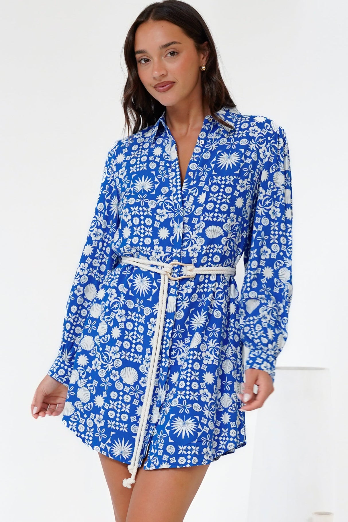 Fionna Mini Dress - Rolled Sleeve Button Down with Rope Belt in Ember Print
