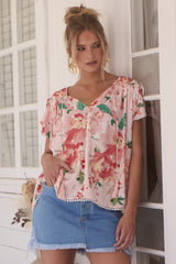 JAASE - Fisico Top: High V Neck Slouchy Blouse with Crochet Trim Hemline in Alessia Print