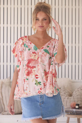 Fisico Top - High V Neck Slouchy Blouse with Crochet Trim Hemline in Alessia Print