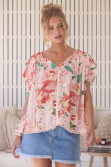 JAASE - Fisico Top: High V Neck Slouchy Blouse with Crochet Trim Hemline in Alessia Print