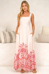 Flavia Maxi Dress - Square Neck Adjustable Strap A Line Dress with Pockets in Aniela Print