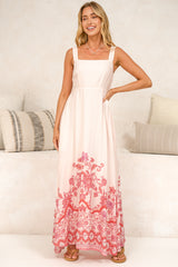 Flavia Maxi Dress - Square Neck Adjustable Strap A Line Dress with Pockets in Aniela Print