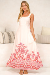 Flavia Maxi Dress - Square Neck Adjustable Strap A Line Dress with Pockets in Aniela Print