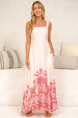 Flavia Maxi Dress - Square Neck Adjustable Strap A Line Dress with Pockets in Aniela Print