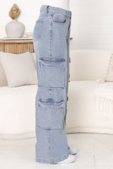 Fletcher Cargo Jeans - Wide Leg High Waist Cargos in Light Denim