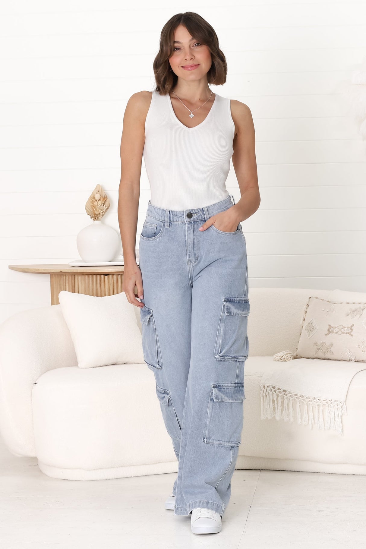 Fletcher Cargo Jeans - Wide Leg High Waist Cargos in Light Denim