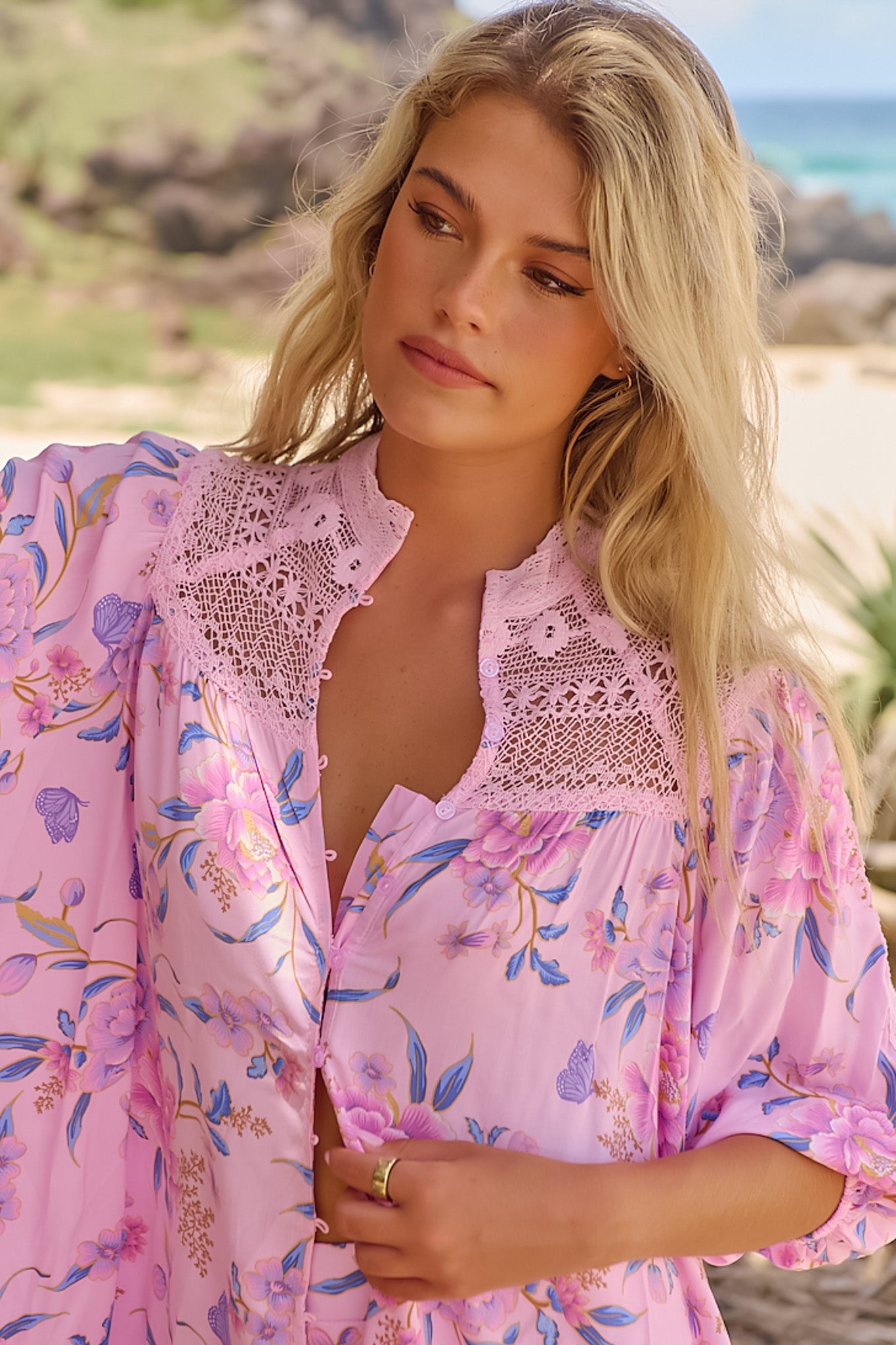 JAASE - Florence Blouse: Lace Shoulders Button Down Blouse in Enchanted Blooms Print