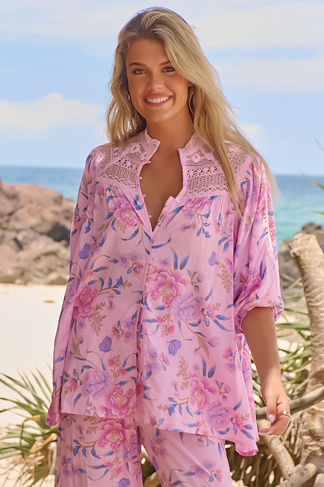 JAASE - Florence Blouse: Lace Shoulders Button Down Blouse in Enchanted Blooms Print