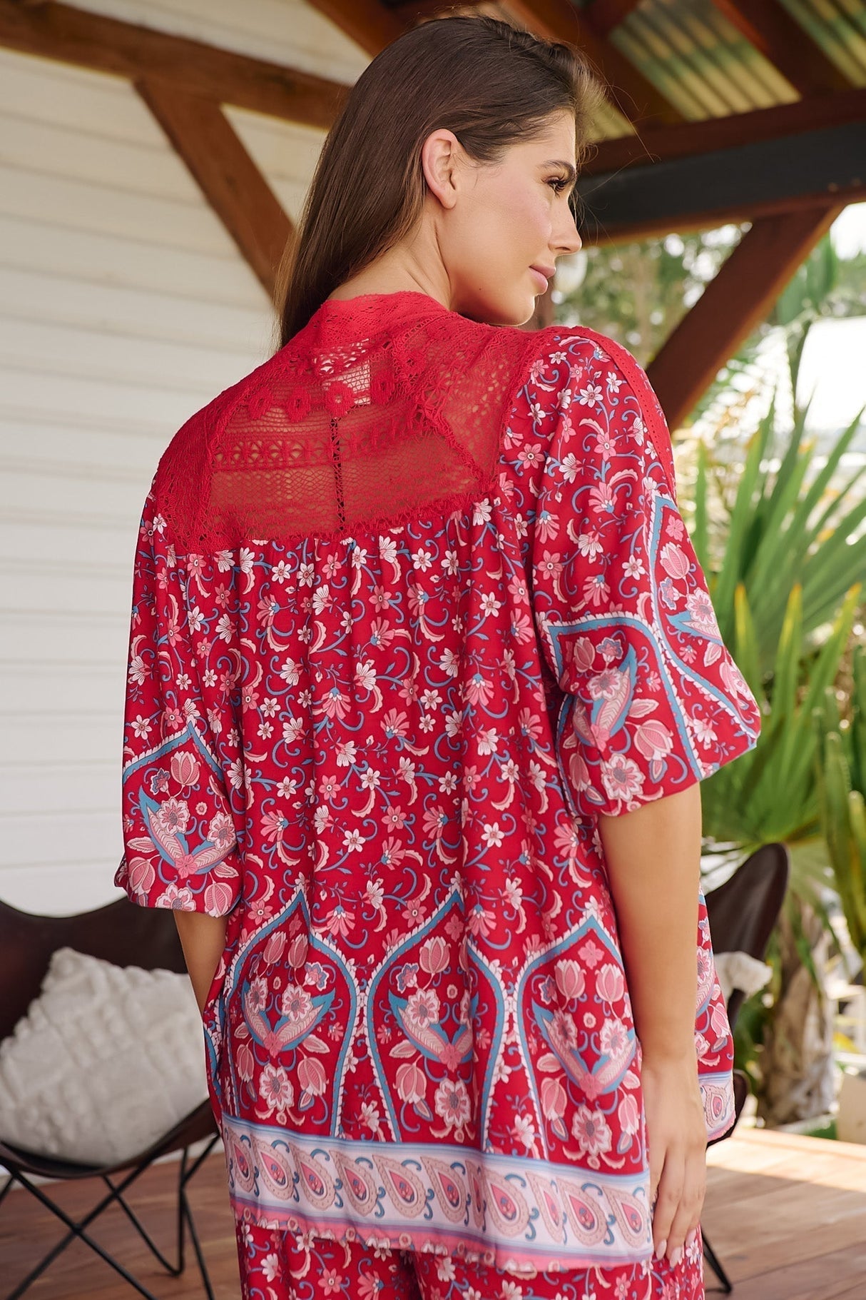 JAASE - Florence Blouse: Lace Shoulders Button Down Blouse in Ruby Rouge Print