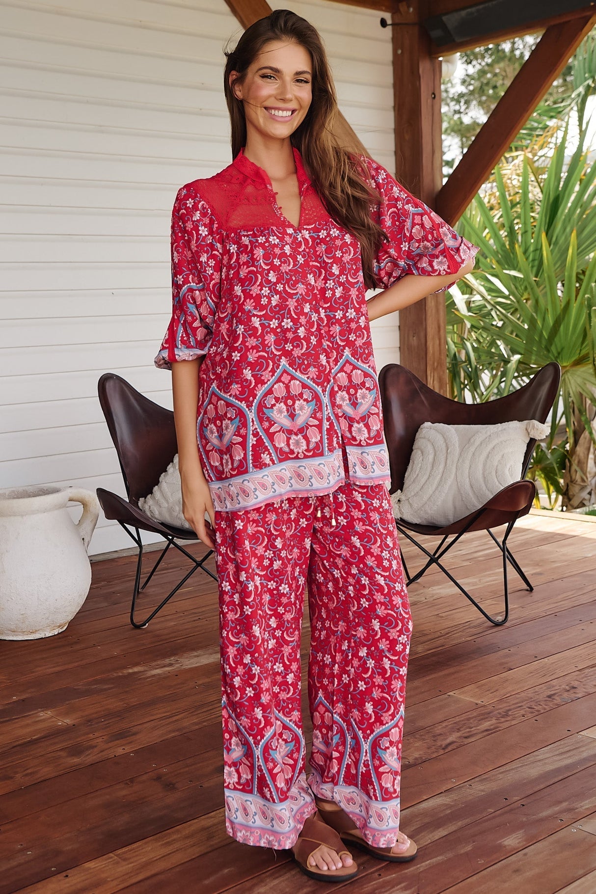 JAASE - Cici Pants: Mid Rise Relaxed Wide Leg Pant in Ruby Rouge Print